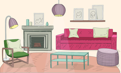 Living room colorful Interior illustration line art vector drawing with fireplace, an armchair, sofa, interior lamps and framed art on wall.