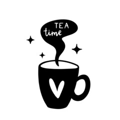 Silhouette of a mug with a heart and steam above it with the inscription "tea time". Black and white vector illustration isolated on a white background.