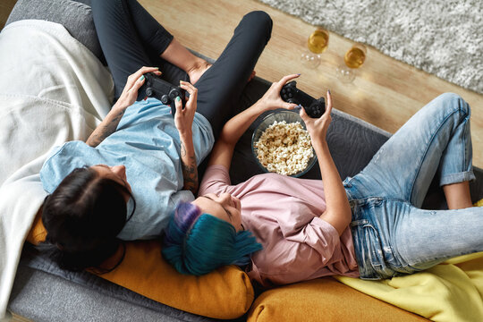 Top View Full Body Photo Of Lesbian Couple Play Video Game