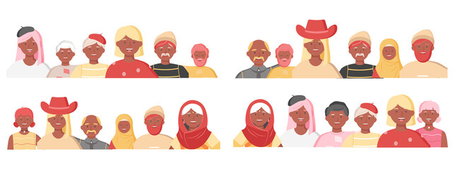 Multiethnic group of people standing together community and togetherness concept, diversity portrait. Characters men and women isolated on white. Crowd community. Social diversity friends or relatives