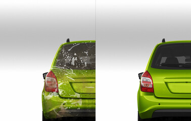 Car before and after washing. Half divided picture. Before and after effect. 3d illustration - 492599452