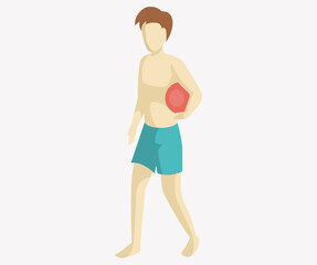 Fototapeta na wymiar Man in swimming trunks holding ball in his hand. Full lenght side view of standing naked man on beach isolated. Summer time, vacation or travel on shore near water. Male character without clothes