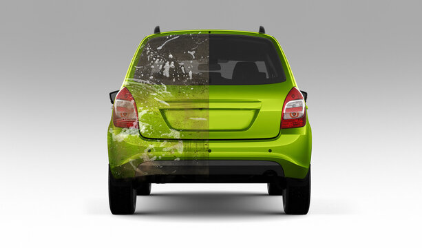 Car washing, suds, mud. Half divided picture. 3d illustration