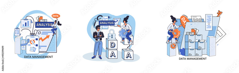 Poster big data analytics platform, data management and protection creative metaphor set abstract concept. 