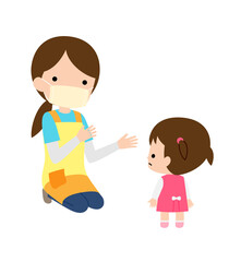 マスクをした保育士と乳幼児