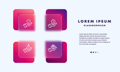 Donation icons. Money donation icons. The concept of care and gifts for orphans. Adoptions of children. Glassmorphism style. Vector line icon for Business and Advertising