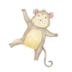 cheerful monkey, cute isolated childish watercolor illustration, design, print