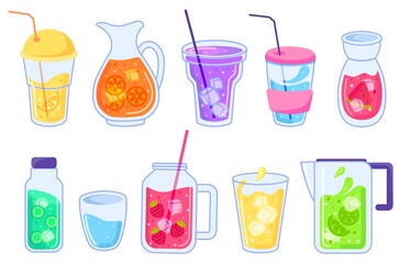 Iced summer drinks, fruit lemonade and nonalcoholic cocktails. Summertime drink in jar or glass, cocktail with fruits and ice vector set. Beverage with citrus slices, strawberry, watermelon