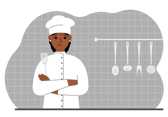 Sad cook woman holds a kitchen spatula in his hand. Vector
