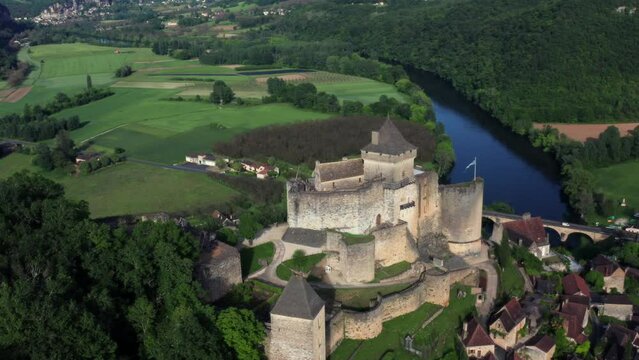 Beautiful aerial view of Château de Castelnaud above the river, Dordogne France