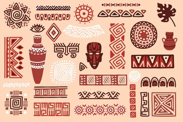 Hand drawn african elements, tribal shapes and textile ornaments. Traditional ritual masks, vases, ethnic circles and borders vector set. Mystic symbols and dividers, folk shapes isolated