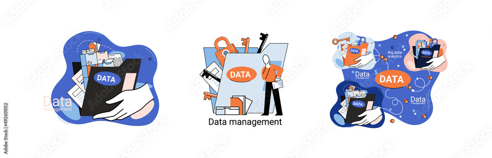 Poster big data analytics platform, data management and protection creative metaphor set abstract concept. 