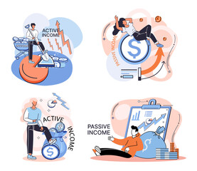 Active and passive income concept. Idea of financial growth and development with investments, interest on deposits, dividends. Metaphor illustrations about earnings, profit, cash and money flow