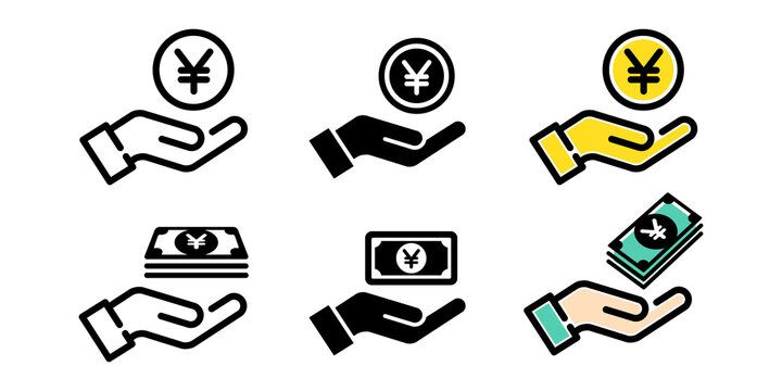 お金を持っている手、日本円での支払いイメージのベクターアイコンイラスト素材セット