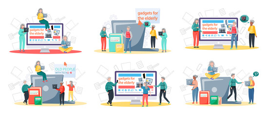 Old people try to use phone, game console, computer, tablet and laptop. Elders spend time on social media. Characters learn new technologies on internet. Women and men communicate through gadget