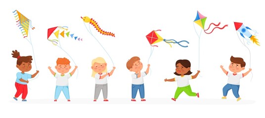 Cartoon children playing with kites, kid holding air kite. Boys and girls running with flying toys, outdoor summer activity vector set. Happy characters having fun, entertaining with joy