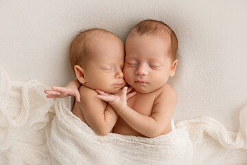Tiny newborn twins boys in white cocoons on a white background. A newborn twin sleeps next to his...