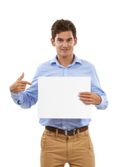 All your options. Portrait of a handsome young man in a studio holding up a sign board and pointing to it.