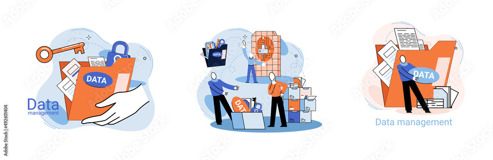 Poster big data analytics platform, data management and protection creative metaphor set abstract concept. 