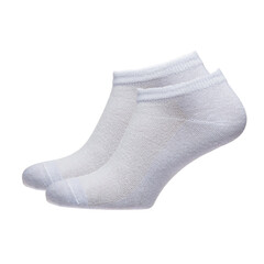 A pair of fabric socks stands on a white isolated background. Volumetric socks on a transparent mannequin. White socks.