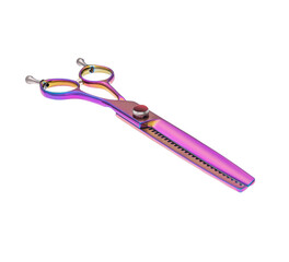 Scissors for cutting people and pets. Grooming scissors. Closed scissors on a white isolated background. Angle view.