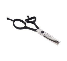 Scissors for cutting people and pets. Grooming scissors. Closed scissors on a white isolated background. Angle view.