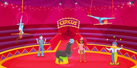 Cartoon circus performers on arena, clown, acrobat, animal trainer. Circus artists on stage, carnival show with acrobats vector illustration. Women doing aerial tricks, comedian juggling © Frogella.stock