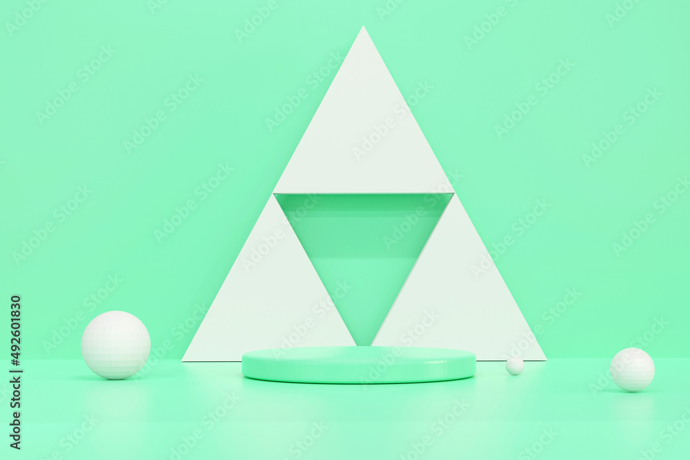 Poster circle podium and triangular backdrop.