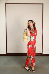 attractive young woman wearing retro Chinese cheongsam dress standing posing multi layer tiffin...