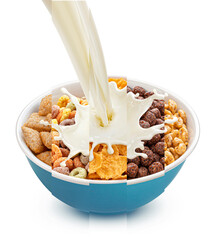 Cereal breakfast collage, granola and corn flakes with pouring milk