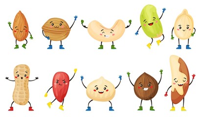 Cartoon nut and seed characters with cute smiling faces. Almond, coconut, walnut, peanut character, funny nuts and seeds mascot vector set. Cheerful food faces of different shape with arms and legs