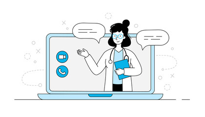 Online doctor, virtual medicine illustration. Woman doctor in laptop screen outline doodle style. Medicine web app, online clinic, mobile pharmacy service vector illustration