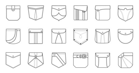 Outline patch pockets for shirts, cargo pants and denim jackets. Flap pocket sewing patterns in different shapes, fabric patches vector set. Clothes pieces for man and woman dressing