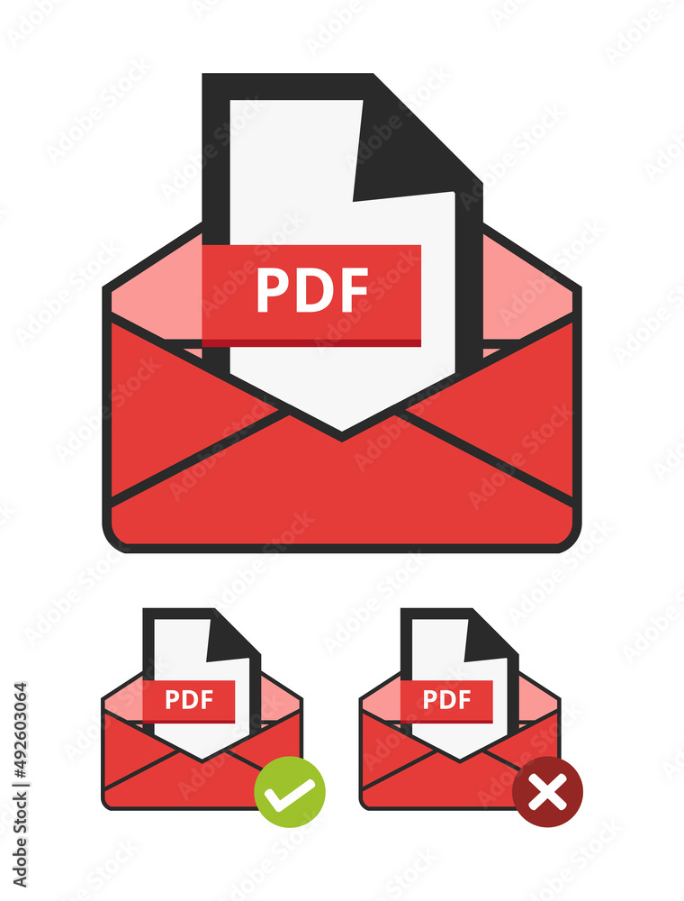 Poster Vector illustration of a red envelope with PDF file - e-mail attachment with pdf document isolated on white. Set of modern flat icons -  correct approved and sent and incorrect disapproved and unsent.