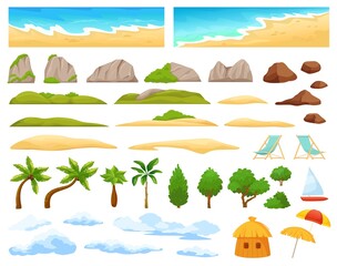 Beach landscape elements, ocean coast, palm trees, mountains. Cartoon tropical island scene constructor with sandy beach, clouds vector set. Sea horizon, hills and rocks, relaxation objects © Frogella.stock