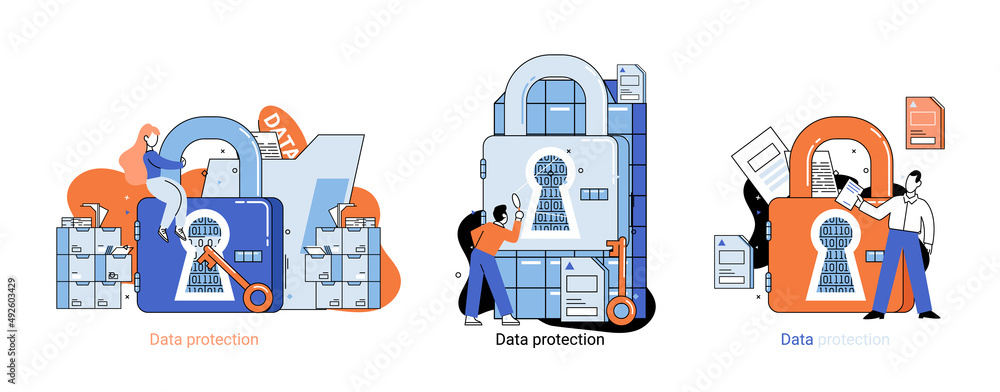 Poster big data analytics platform, data management and protection creative metaphor set abstract concept. 