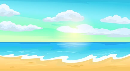 Fototapeta na wymiar Seashore landscape, tropical sea coast, seascape on sunny day. Summer beach paradise scene, exotic island vacation vector illustration. Ocean, blue sky with clouds and sand for rest