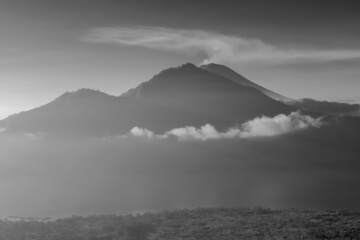 Mounts Abang and Batur Lake in Black and white, view from Batur volcano on Bali, Indonesia