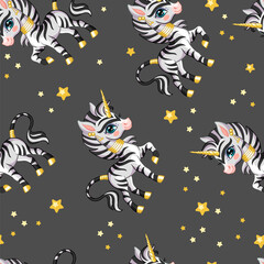 Seamless vector pattern with cute zebra unicorn and stars © alinart