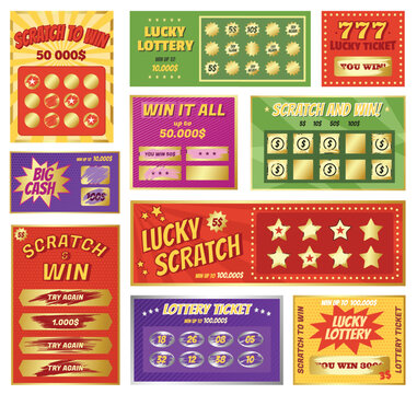 Scratch cards, instant lottery card, lucky jackpot winner tickets. Lotto and bingo game winning ticket, scratchcard games vector set. Gambling concept, coupons for prize or big cash win