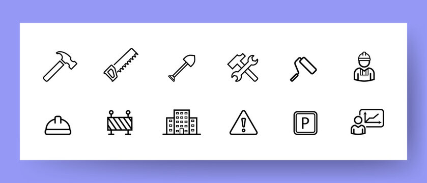 Construction site icons set. Construction tools, equipment and warning signs icons. Construction concept. Vector EPS 10