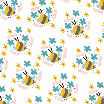 cute bee pattern among various flowers. pattern For valentine, print, 
packaging, decoration, wallpaper and design, case phone, bed cover, pajamas, child pajamas