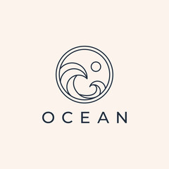 sea ocean Sun Wave line outline Logo Design Template
