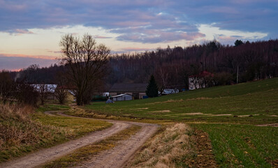 Fototapeta na wymiar Wijąca się polna droga , biegnąca pośród zimowych pól przez dolinę , w Górach Świętokrzyskich , w stronę wioski . Zachmurzone niebo .