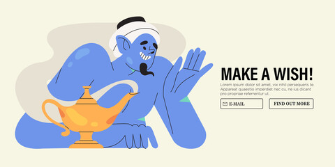 Make your wish. Magic arabian genie, cartoon vector illustration. Friendly polite fantasy jinn.