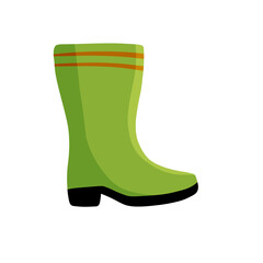 Rubber green boot. Waterproof rain shoes for fishing and gardening. Flat cartoon illustration