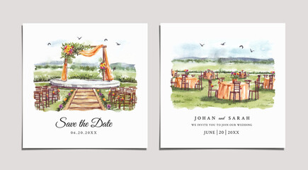 Watercolor wedding invitation of nature landscape with beautiful wedding gate view