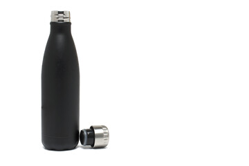 Closeup black insulated bottle cap white background