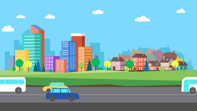 Panorama of a big city, a cozy village, and snow-capped mountains. Transport moves along the road. Yellow taxi, blue car, white bus. Departure for the city. Clouds in the sky move smoothly. Vacation.