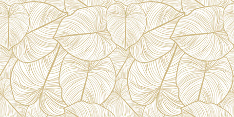 Fototapeta na wymiar Luxury and nature green background vector. Floral pattern, split-leaf Philodendron with plant line arts, Vector illustration.